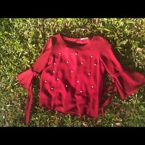 red wine shirt with pearls + detail on the sleeves